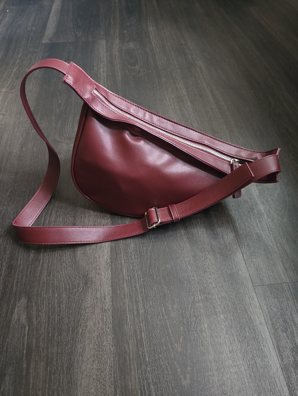Burgundy Crescent Sling Bag Vegan Leather Half Moon Crossbody Adjustable Strap